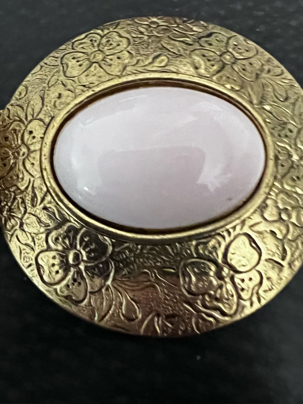 Vintage Floral Engraved Oval pill box with Pale Pink Cabochon 1060’s